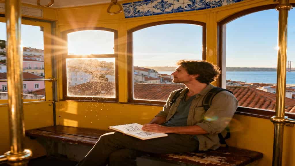 Man sitting inside a yellow tram during sunset, holding a sketchbook and looking out the window at city rooftops and a distant body of water.