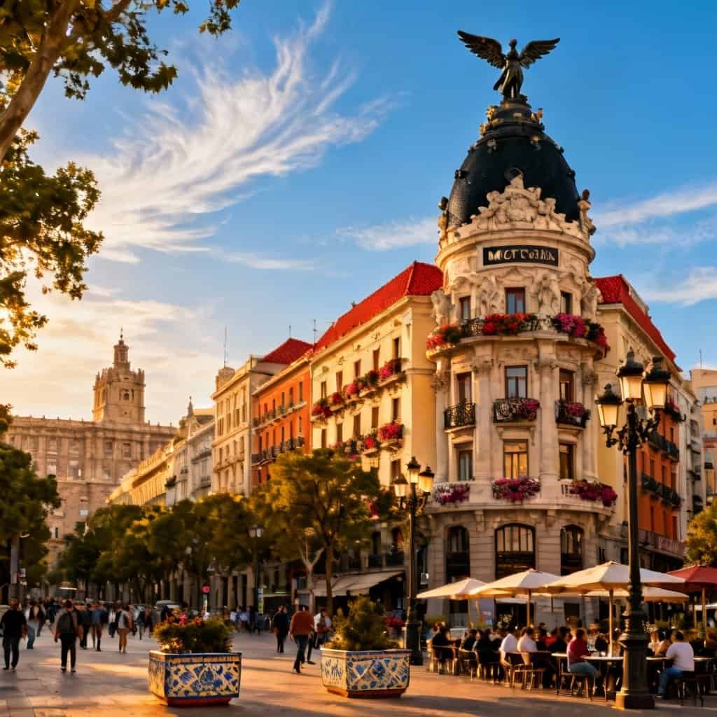 Historic building with a domed roof topped by a winged statue, adorned with flower boxes, located on a busy street with outdoor café seating and pedestrians under a blue sky with wispy clouds