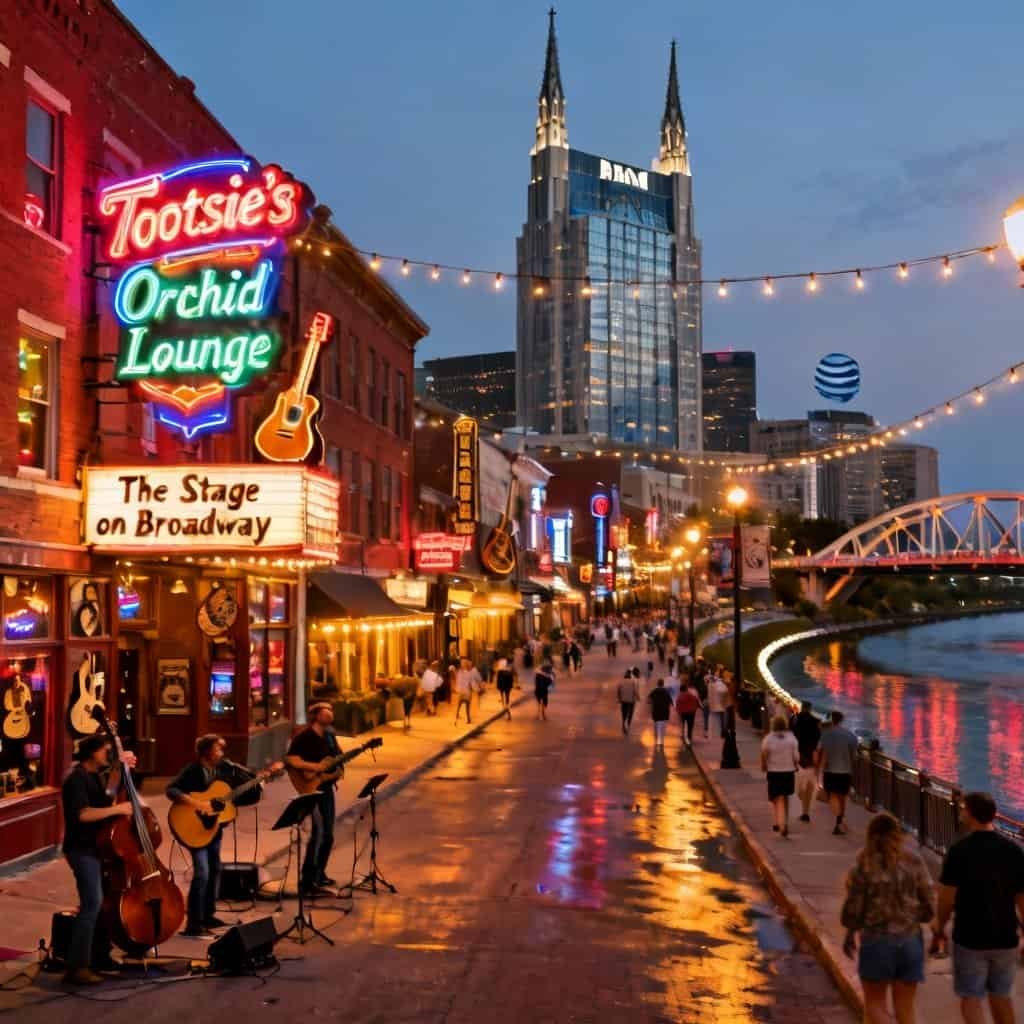 Evening street scene in a lively entertainment district with neon signs for Tootsie's Orchid Lounge and The Stage on Broadway, musicians playing guitars on the sidewalk, string lights overhead, and a river with a lit bridge in the background.