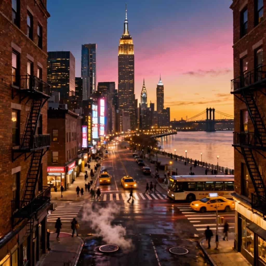 Evening cityscape of New York City with illuminated Empire State and Chrysler buildings, busy street with people, taxis and a bus, steam rising from a manhole, riverfront promenade, and Brooklyn Bridge in the background under a colorful sunset sky