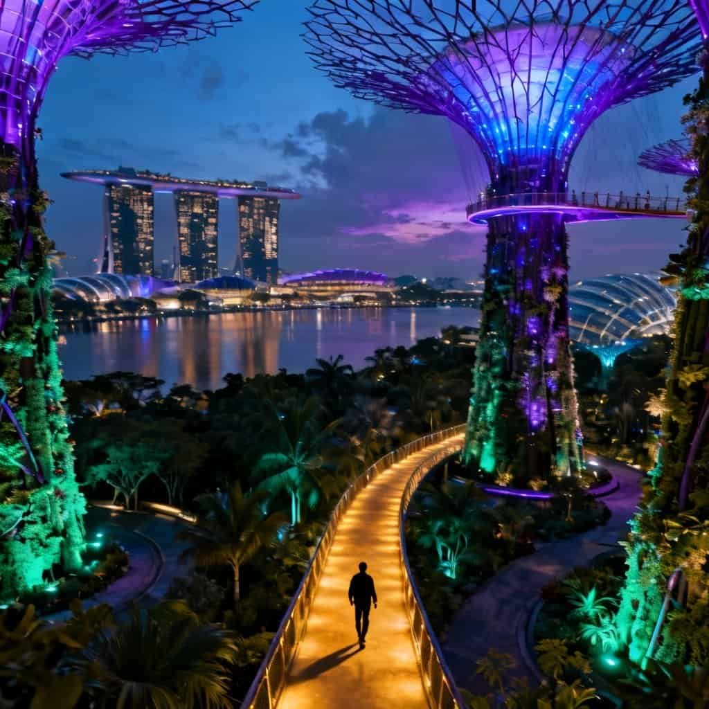 Silhouetted person walking on an illuminated pathway surrounded by futuristic Supertree structures with purple and green lights at Gardens by the Bay, overlooking Marina Bay Sands and the cityscape at twilight in Singapore.