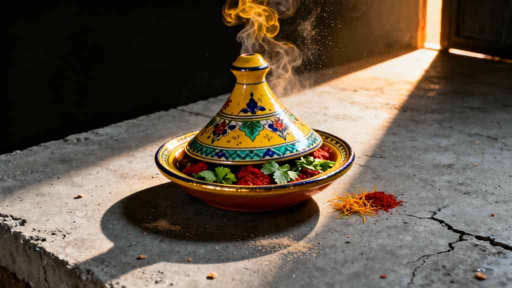 A traditional yellow ceramic tagine with colorful floral patterns, steaming and partially open to reveal red meat and green herbs inside, placed on a rustic concrete surface with sunlight streaming through an open door.
