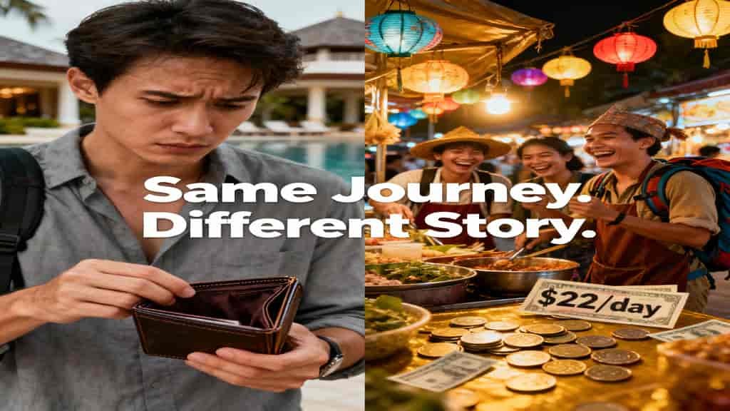 Split image showing on the left a worried young man looking at an empty wallet near a poolside, and on the right a vibrant night market scene with smiling vendors and a sign reading "$22/day", with the text "Same Journey. Different Story." across the center