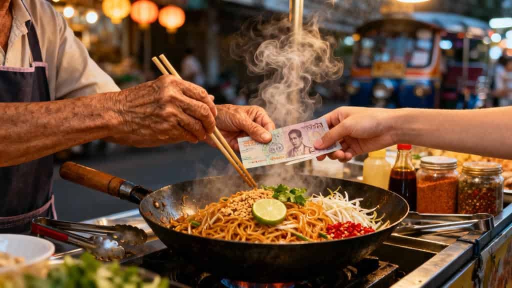 Close-up of a street food vendor's hands cooking steaming noodles with vegetables and peanuts in a wok, while receiving cash payment from a customer in a busy outdoor market setting
