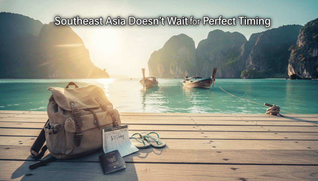 Wooden dock with a backpack, passport, flip-flops, and travel receipt, overlooking turquoise water with two traditional boats and limestone cliffs at sunrise or sunset