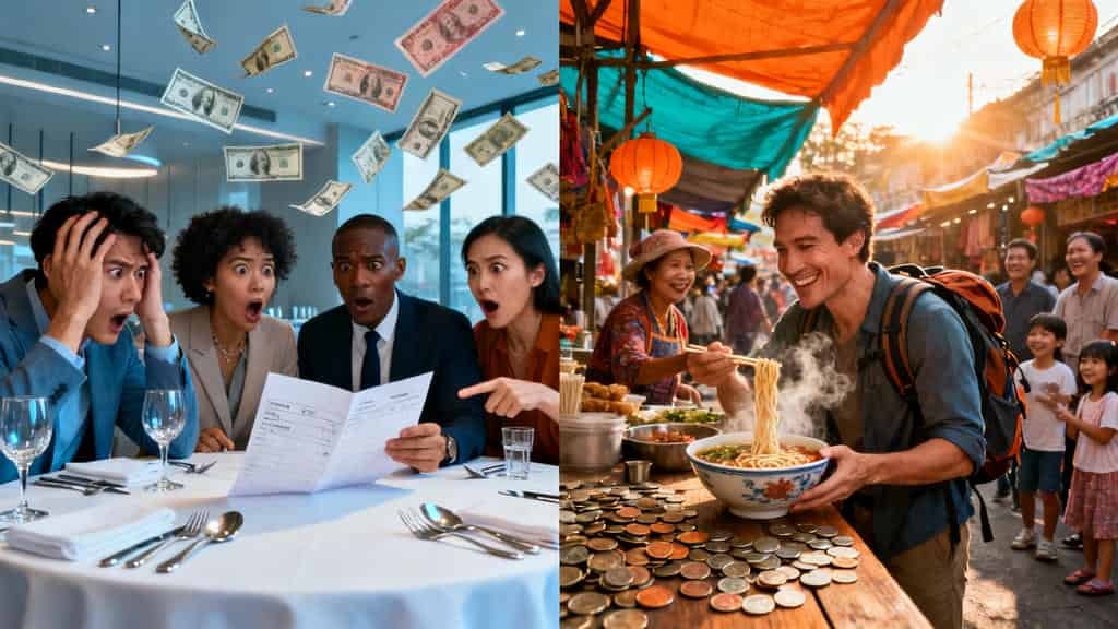 Split image showing on the left four shocked people at a table with money floating above them, and on the right a smiling man with a backpack eating noodles at a lively outdoor market with colorful stalls and people in the background.