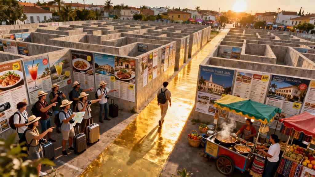 Solo Travel Cities That Pay for Themselves: A person walking through a large outdoor maze at sunset with a group of tourists holding cameras and maps on one side and vendors selling food and fruit from colourful carts on the other.