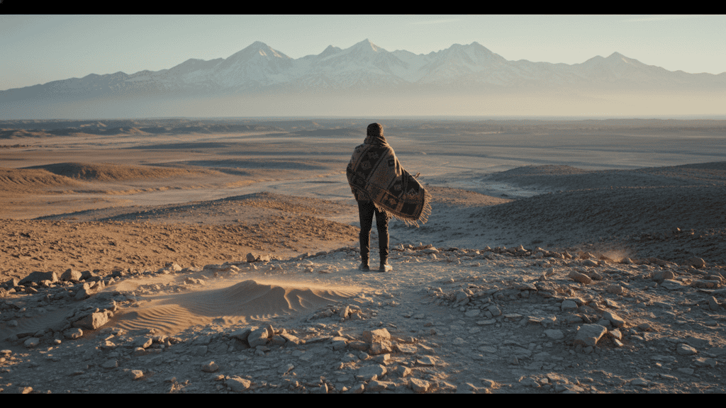 Person standing on rocky, sandy terrain covered with a patterned shawl, facing expansive desert landscape with distant snow-capped mountains under a clear sky