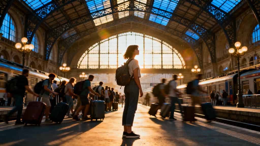 Person with a backpack standing on a train platform inside a large station with a glass ceiling and arched windows, backlit by the setting sun, while other travelers with luggage walk past