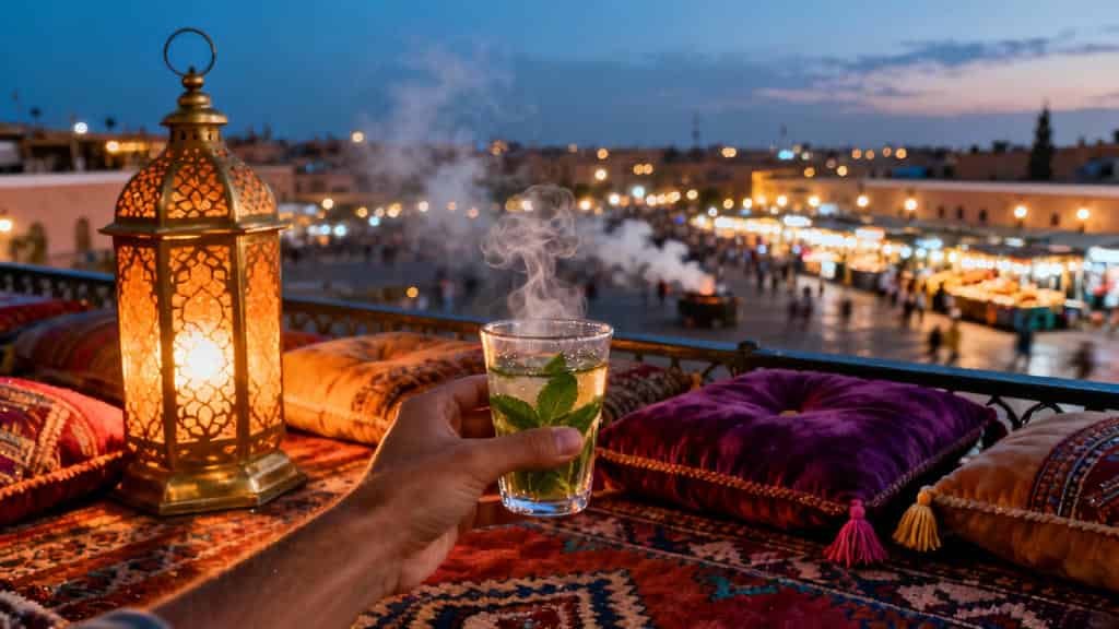 A hand holding a steaming glass of mint tea above a patterned carpet with colorful cushions and an ornate lantern, overlooking a bustling illuminated market square at dusk.