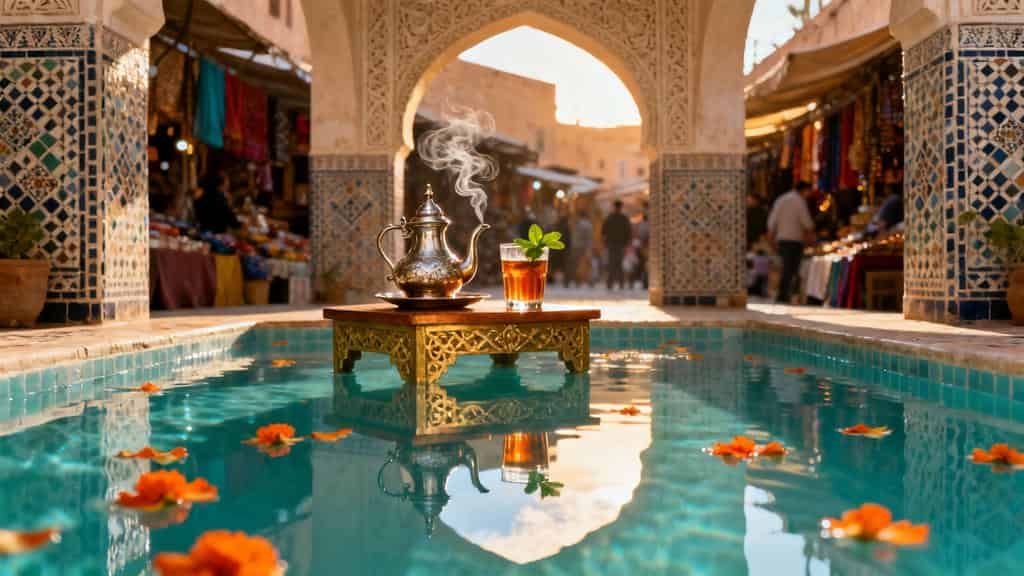 Marrakech in Winter: Steam rising from a traditional teapot and a glass of mint tea on an ornate small table placed in the centre of a reflecting pool with floating orange flowers, set in a Moroccan-style courtyard with tiled pillars and market stalls in the background.