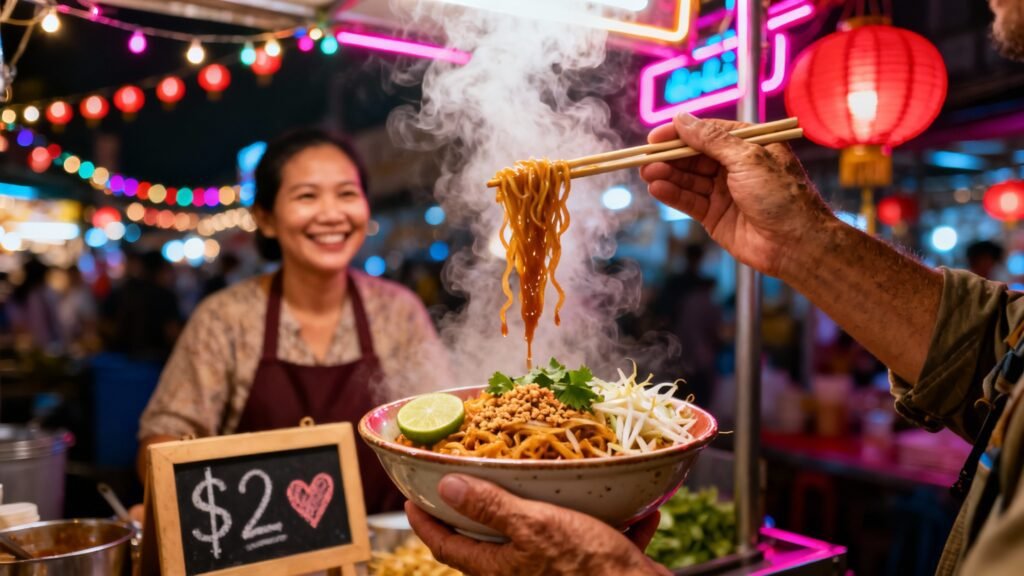 A steaming bowl of noodles with lime, peanuts, bean sprouts, and coriander held in hands while chopsticks lift some noodles, with a smiling vendor in an apron behind a sign showing $2 at a vibrant night market adorned with colorful string lights and red lanterns.