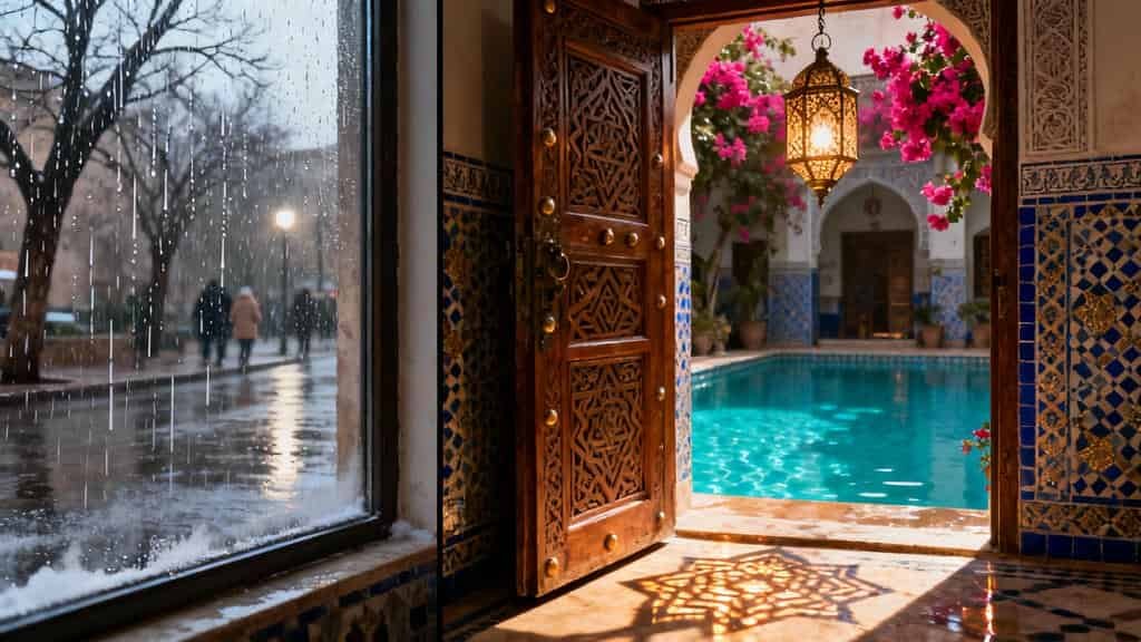Open ornate wooden door leading to a courtyard with a blue tiled pool, hanging lantern casting patterned shadows, and pink flowering plants, contrasted with a rainy street scene visible through a window on the left.