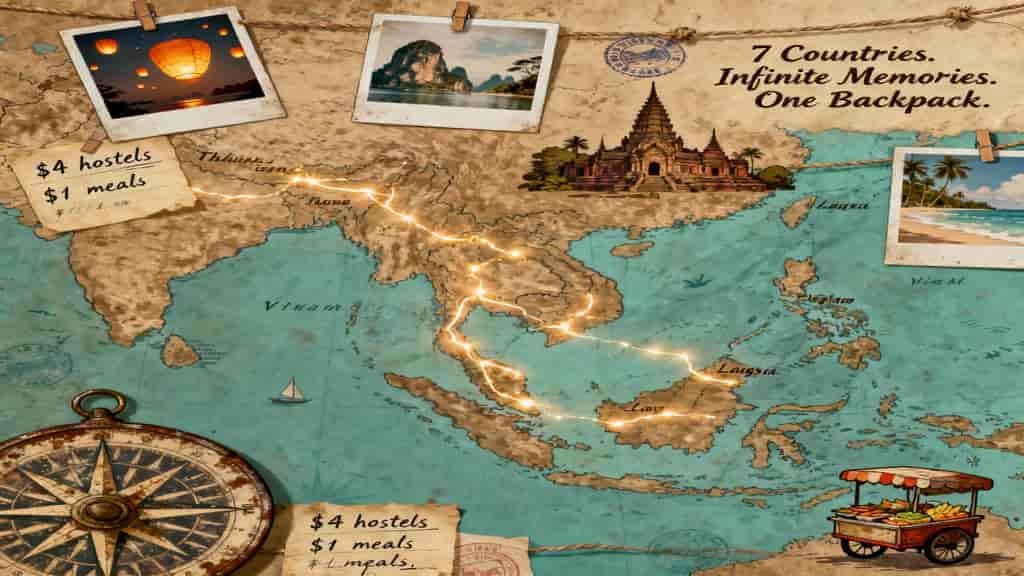 Map of Southeast Asia showing a backpacking route across Thailand, Laos, Vietnam, Cambodia, Malaysia, and Singapore with glowing path and travel-themed illustrations including a compass, street food cart, landmark temple, and photos of a lantern festival, limestone cliffs, and a beach, with text promoting budget travel.