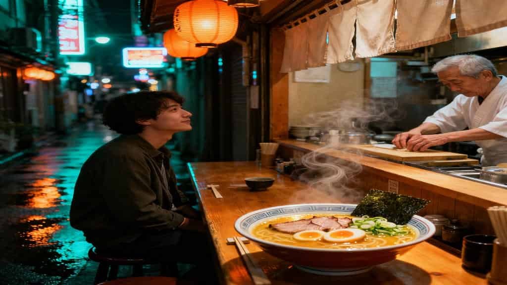 Top 10 Cities for First-Time Solo Travellers: A Young man sitting inside a small ramen restaurant at a wooden counter with a steaming bowl of ramen in focus and an elderly chef preparing food in the background during nighttime in a street with glowing lanterns.