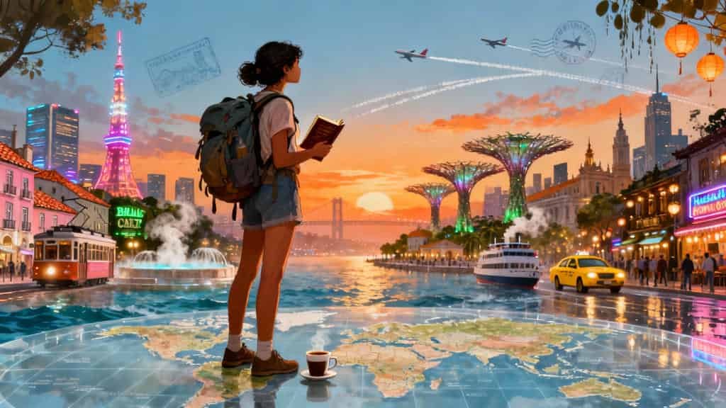 A young woman with a backpack and a book stands on a translucent world map platform by a waterfront at sunset, surrounded by various city landmarks including a lit tower, futuristic tree structures, a tram, a boat, and a yellow taxi, with two airplanes flying overhead and a hot drink placed near her feet.